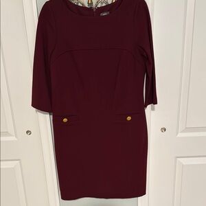 Vince Camuto Elegant Burgundy Dress with gold pocket accents EUC